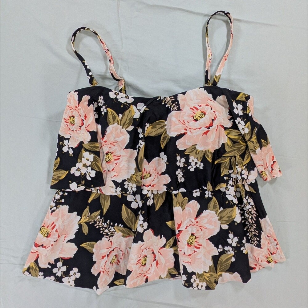 Kona Sol Black Pink Floral swimsuit top tankini size medium